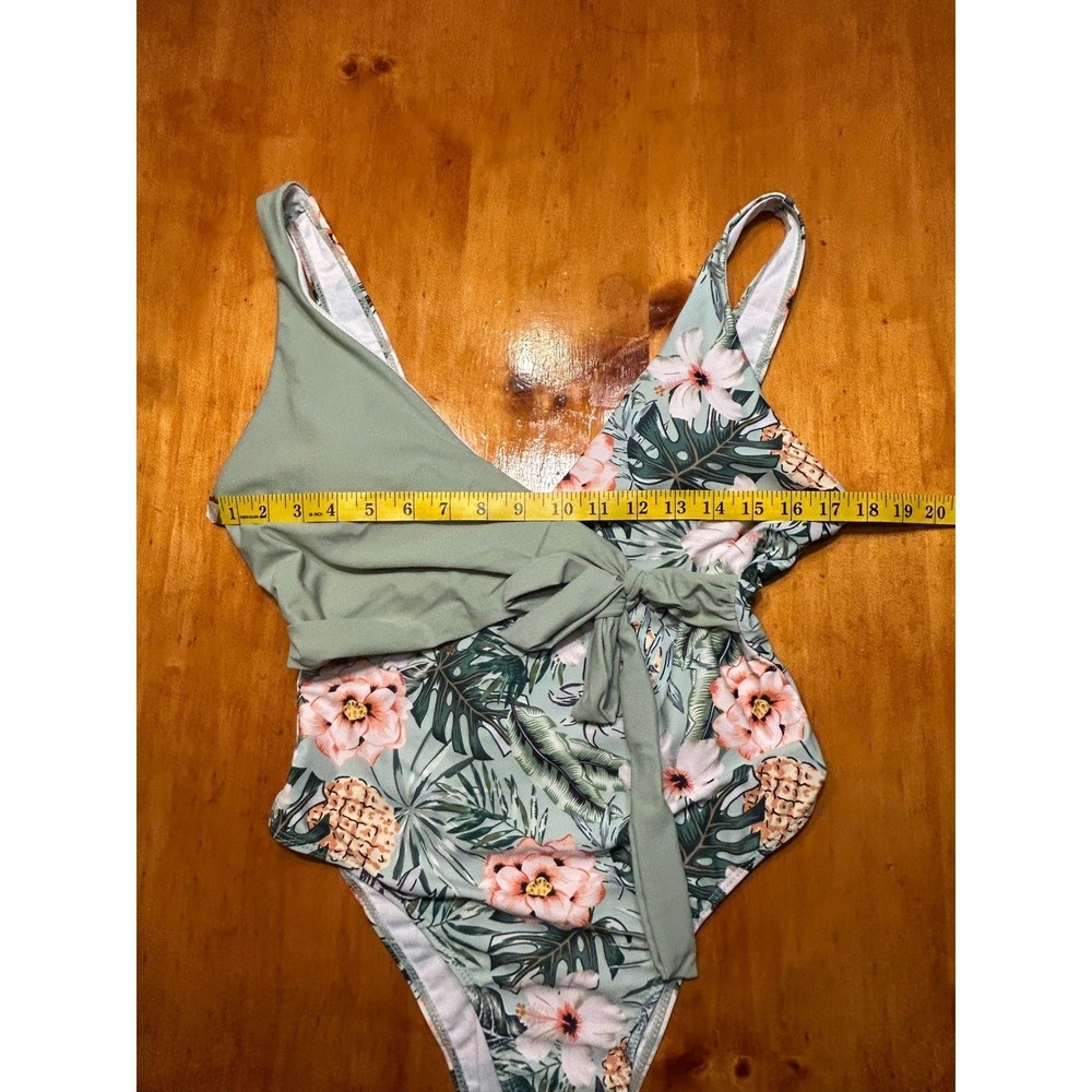 Tropical Floral Pineapple One Piece Swimsuit Sage Green Wrap Tie Large Boho Chic - Picture 5 of 11
